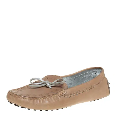 Tod's Beige Perforated Leather Bow Loafers In Brown
