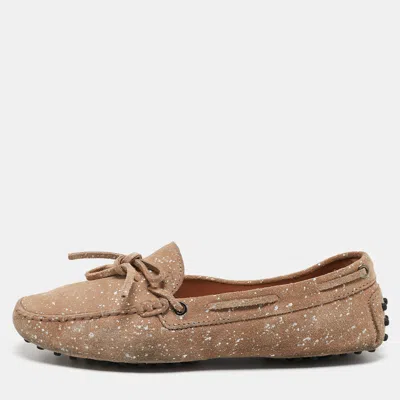 Tod's Beige Suede And Silver Paint Spot Bow Loafers In Brown