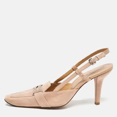Tod's Beige Suede Crystal Embellished Pointed Toe Slingback Pumps In Pink