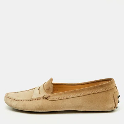 Tod's Beige Suede Gommino Slip On Driving Loafers In Gold