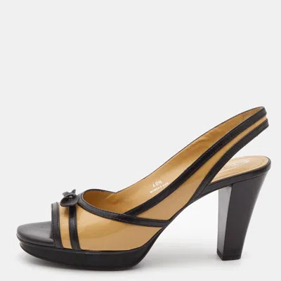 Tod's Beige/black Patent Leather Bow Platform Slingback Open Toe Sandals In Brown
