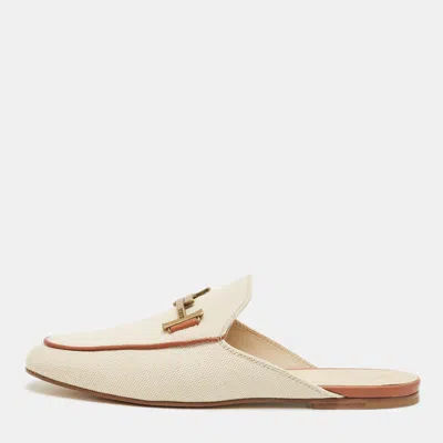 Tod's Beige/brown Canvas And Leather Double T Flat Mules In Neutral