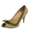 Tod's Beige/green Canvas And Leather Peep Toe Slip On Pumps In Green