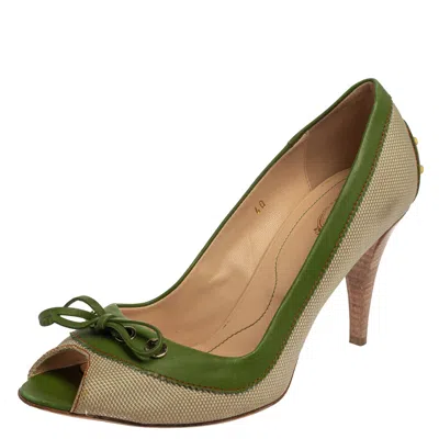 Tod's Beige/green Canvas And Leather Peep Toe Slip On Pumps