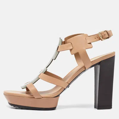 Tod's Beige/metallic Grey Leather T-bar Ankle Strap Platform Sandals In Multi