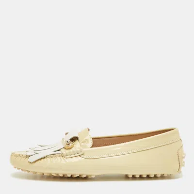 Tod's Beige/white Patent Leather Buckle Detail Fringe Loafers In Neutral