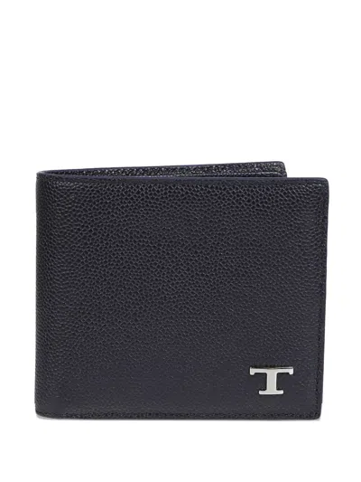 Tod's Bi-fold Leather Wallet With Metal T Timeless Logo In Black