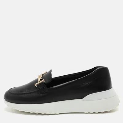 Tod's Black Leather Double T Slip On Loafers In Multi