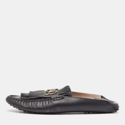 Tod's Black Leather Gommino Tassel Trim Mules