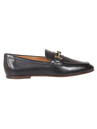 Tod's Black Leather Loafers With Gold Accent In Gray