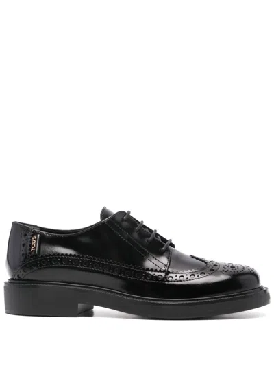 TOD'S TOD'S BLACK LEATHER PERFORATED LACE-UP FLATS