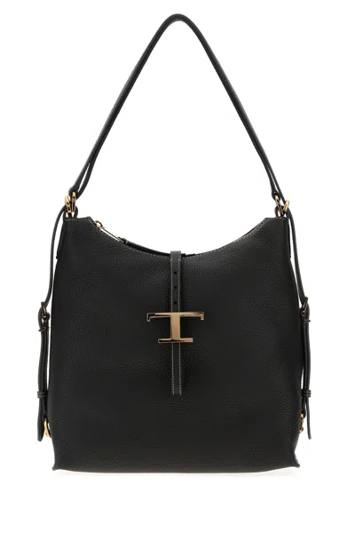 TOD'S BLACK LEATHER T TIMELESS SHOULDER BAG