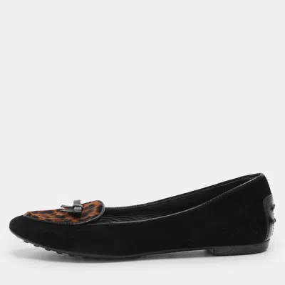 Tod's Black Leopard Print Calf Hair And Suede Bow Ballet Flats