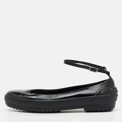 Tod's Black Patent Leather Ankle Strap Ballet Flats