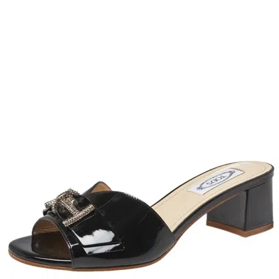 Tod's Black Patent Leather Double T Embellished Slide Sandals