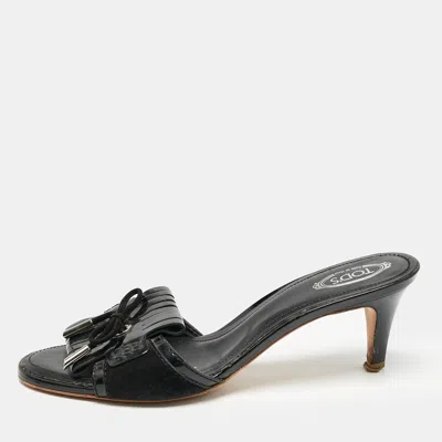 Tod's Black Patent Leather Fringe Bow Slide Sandals