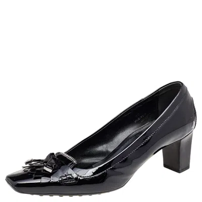 Tod's Black Patent Leather Fringe Square Toe Pumps In Blue