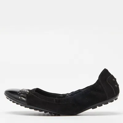 Tod's Black Suede And Leather Buckle Detail Scrunch Ballet Flats