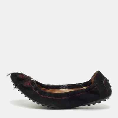 Tod's Black Suede Scrunch Feather Embellish Ballet Flats