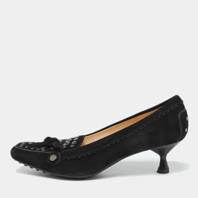 Tod's Black Suede Studded Kitten Heel Loafer Pumps