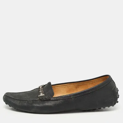 Tod's Black Textured Nubuck Leather Buckle Loafers