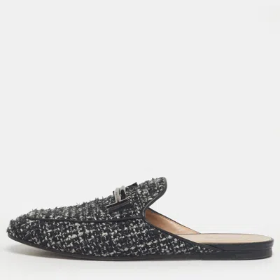 Tod's Black Tweed Double T Flat Mules In Multi