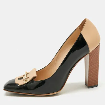 Tod's Black/beige Patent Leather And Leather Block Heel Square Toe Pumps In Multi