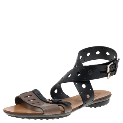Tod's Black/grey Leather Flat Sandals