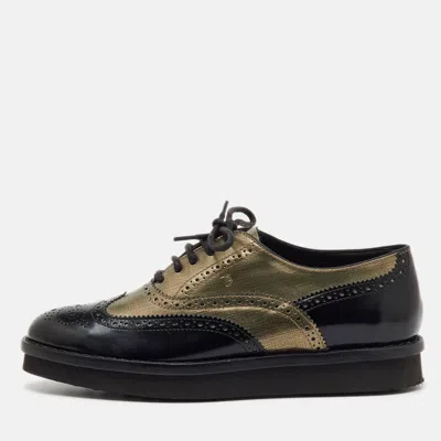 Tod's Black/metallic Gold And Leather Brogue Wingtip Lace Up Oxfords