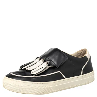 Tod's Black/white Leather Fringe Detail Slip On Sneakers