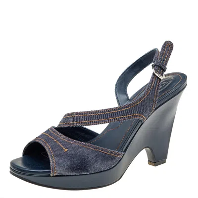 Tod's Blue Denim Slingback Platform Wedge Sandals