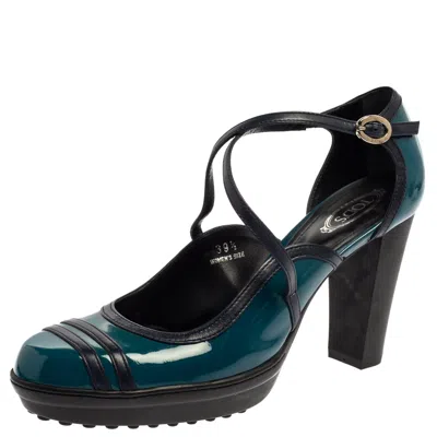 Tod's Blue Patent Leather Ankle Strap Platform Pumps