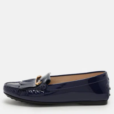 Tod's Blue Patent Leather Fringe Detail Loafers