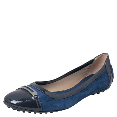 Tod's Blue Suede And Patent Leather Embellished Cap Toe Ballet Flats