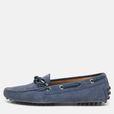 Tod's Blue Suede Gommino Bow Slip On Loafers