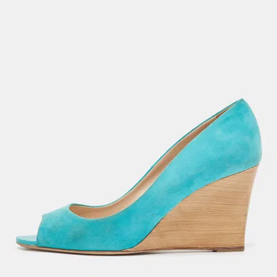 Tod's Blue Suede Peep Toe Wedge Pumps