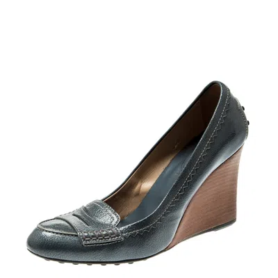 Tod's Blue Textured Leather Wedge Heel Penny Loafer Pumps