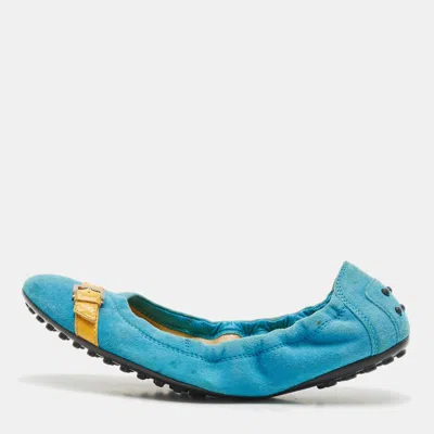 Tod's Blue/yellow Suede And Patent Leather Trim Buckle Detail Scrunch Ballet Flats