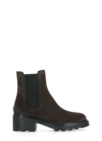 Tod's 60mm Heel Black Suede Ankle Boot In Brown