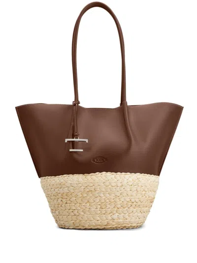 Tod's Brown Calf Leather And Natural Straw Tote Bag