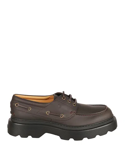 Tod's Brown Calfskin Lace-up Flat Shoes In Gray