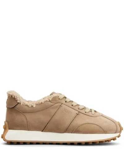 Tod's Brown Cow Leather Trainers With Plush Lining In Neutral