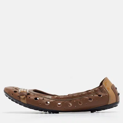 Tod's Brown Laser Cut Leather Scrunch Ballet Flats