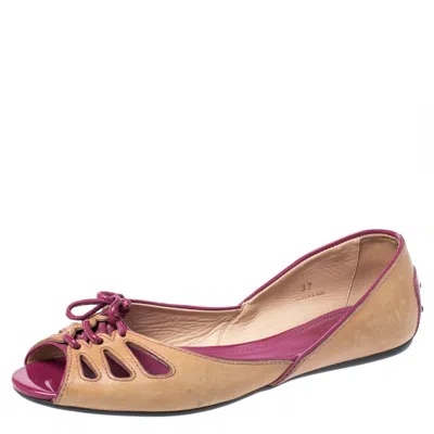 Tod's Brown Leather And Patent Trim Peep Toe Ballet Flats