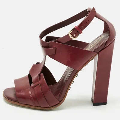 Tod's Brown Leather Ankle Strap Block Heel Sandals In Burgundy