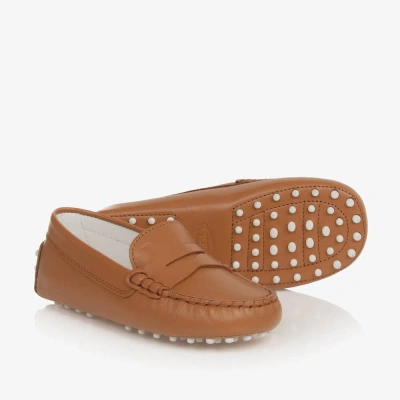 Tod's Brown Leather Moccasin Shoes In Beige
