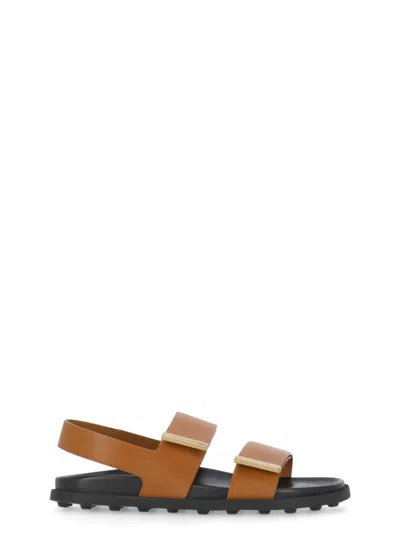 Tod's Double Strap Open Toe Flat Sole Sandals In Brown