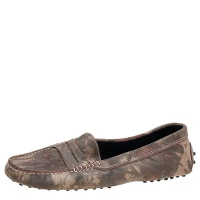 Tod's Brown Printed Suede Slip On Loafers