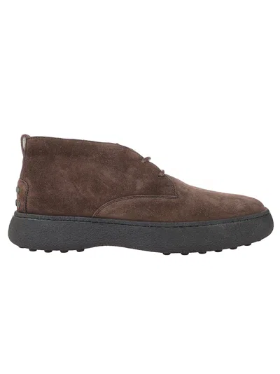 Tod's Brown Suede Minimalist Lace-up Shoes With Rubber Sole In Gray
