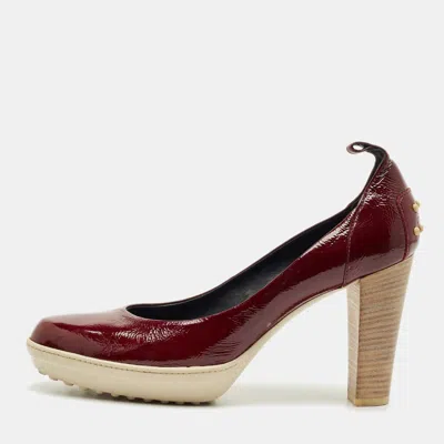 Tod's Burgundy Patent Leather Block Heel Pumps In White